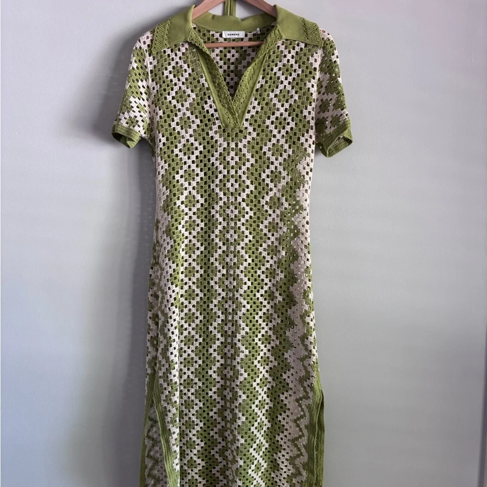 SANDRO Oona Crochet tunic dress, green 50 inches long side slits.EU 38, medium. - Picture 2 of 6